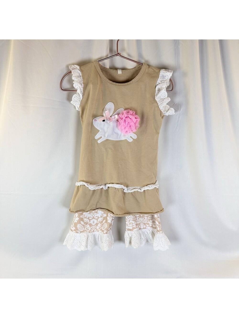Toddler Sleeveless Bunny Top & Floral Ruffle Pants Set Brown White Pink 3T